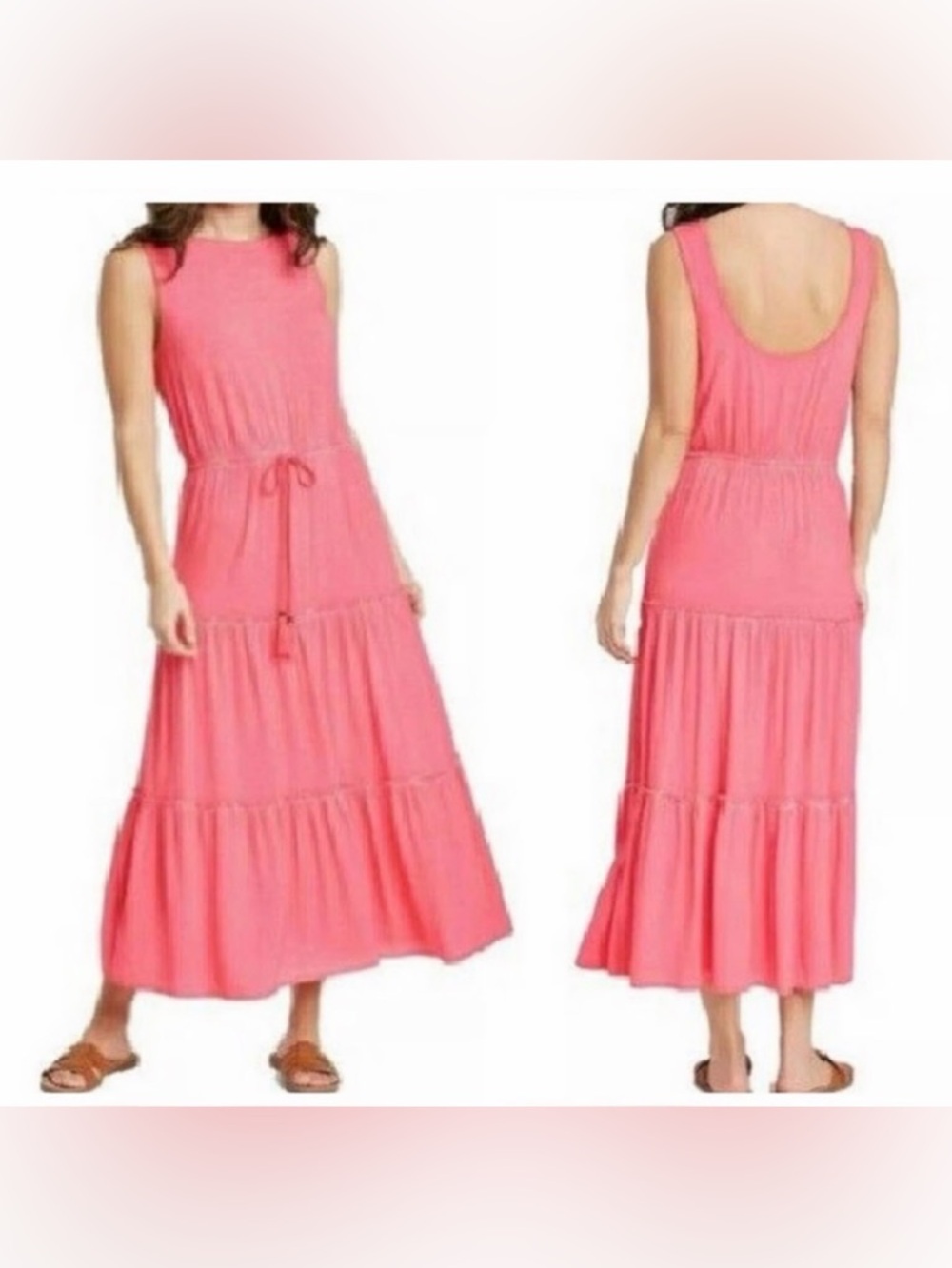 NWOT Knox Rose Medium Pink Maxi Ruffle layered Sundress Fringe Tie Rayon
